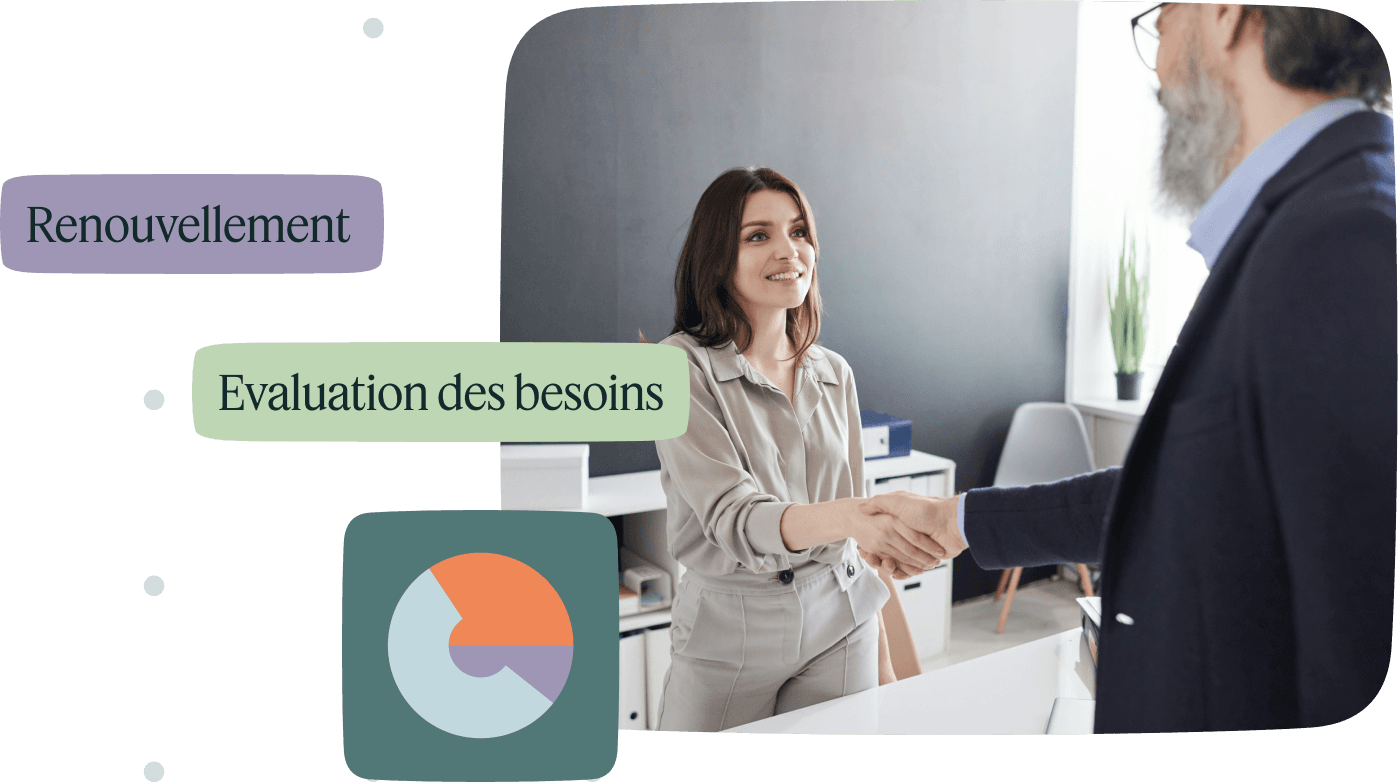 Femme souriante serrant la main d’un homme en costume dans un bureau, entourée de textes « Renouvellement » et « Évaluation des besoins ».